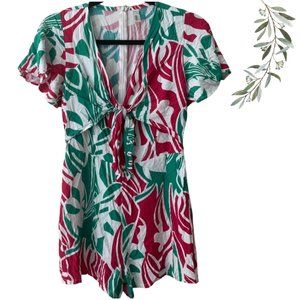 Valija Red, Green, and White Printed Tie Front Jumpsuit Romper Size Small